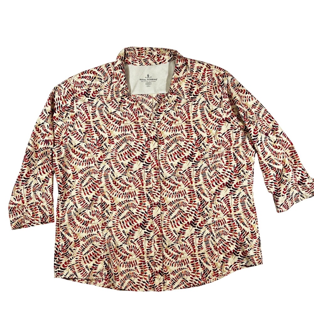 Royal Robbins Button Up Shirt Womens XXL Red Leaf Print Hiking Gorpcore Outdoor